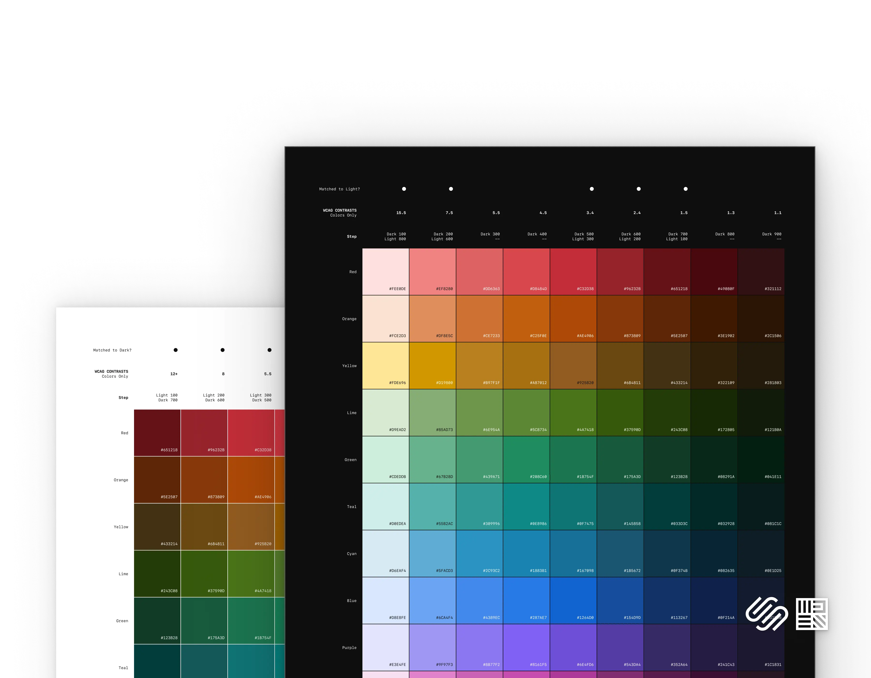 Two images showing the light and dark theme full color palettes for Squarespace's design system
