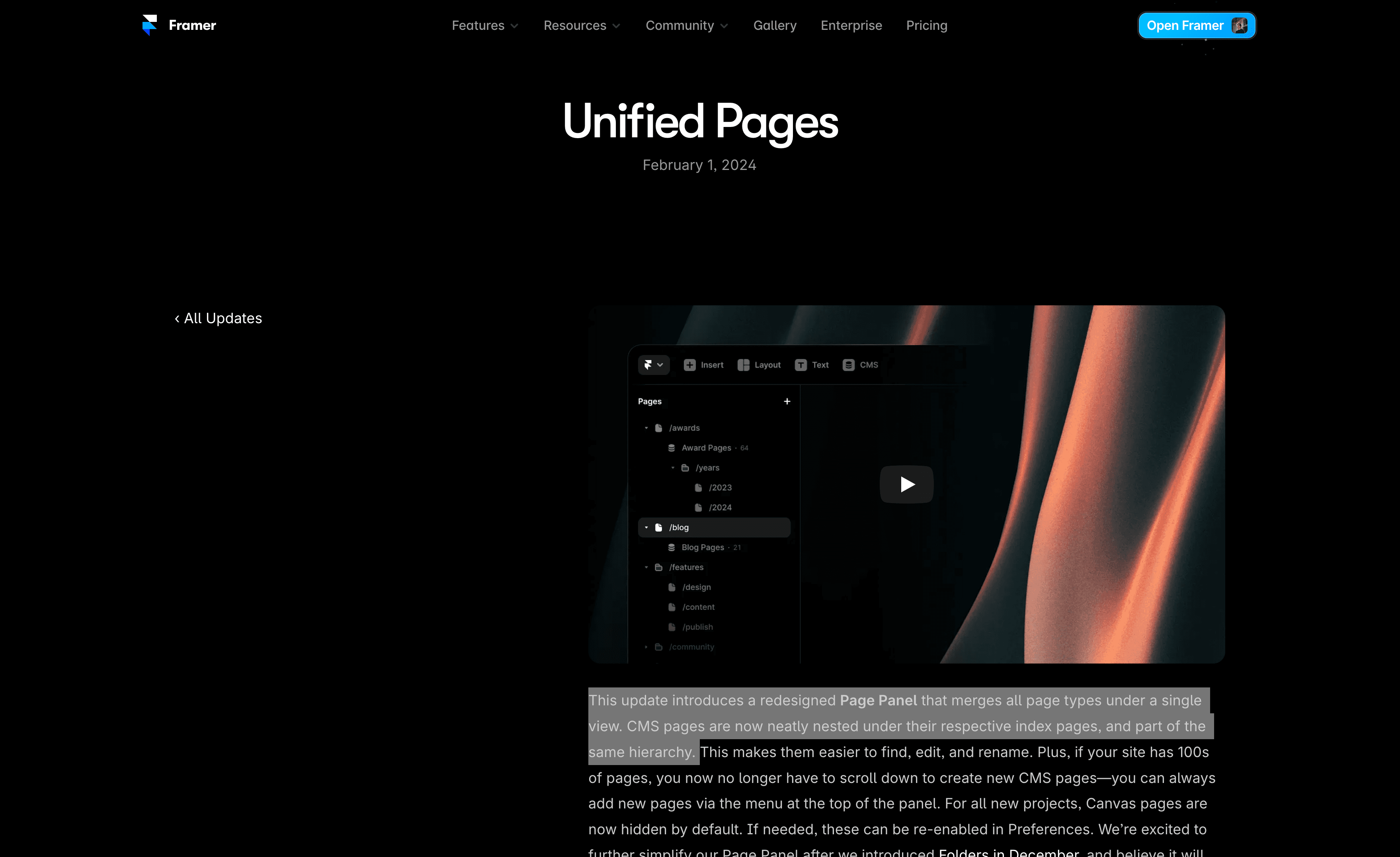 The announcement of Framer's unified pages update