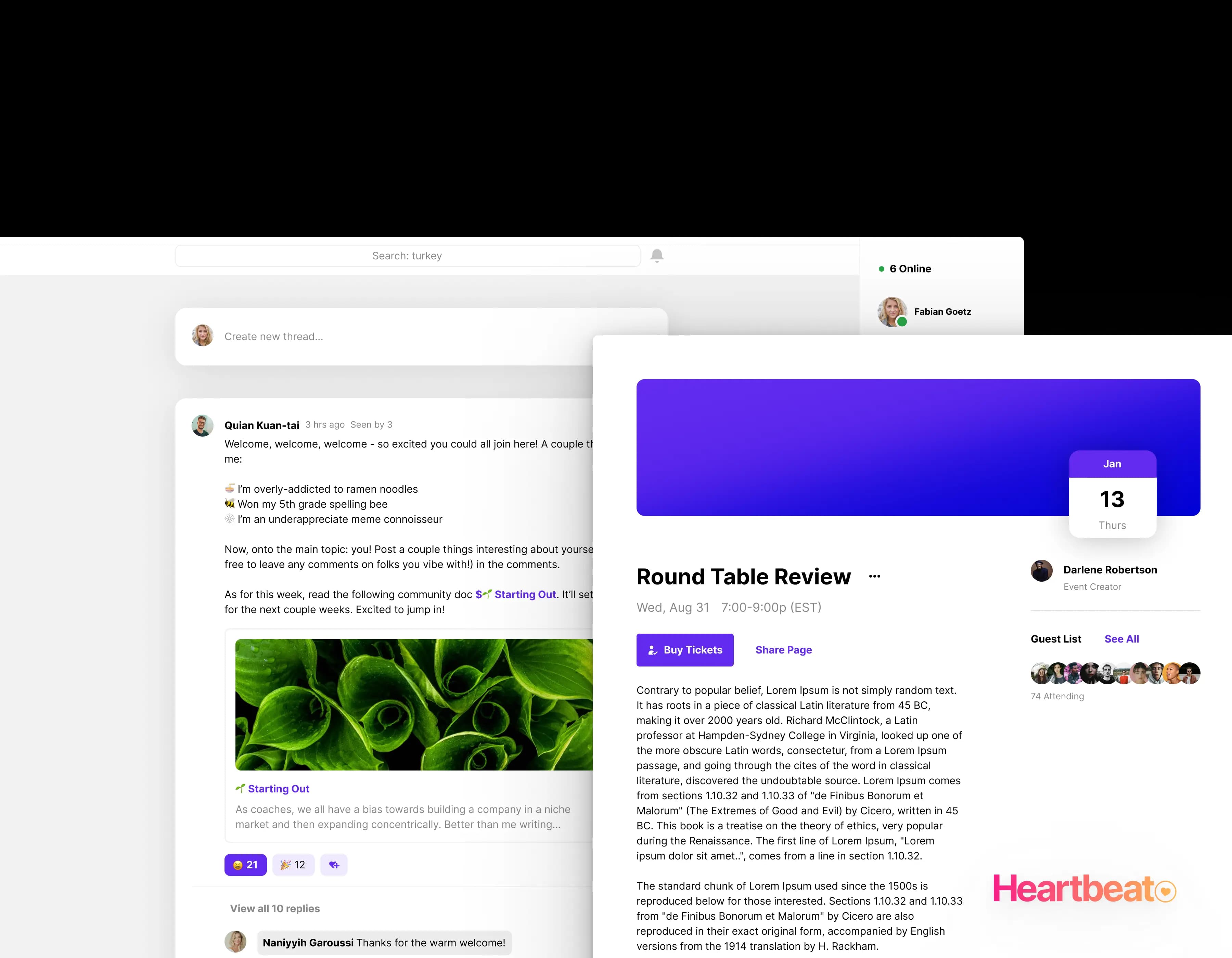 Two product shots of the heartbeat.chat app user interface